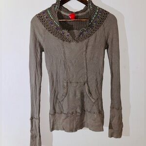 Free People Waffle Knit & Crochet Hooded Thermal SIZE MEDIUM